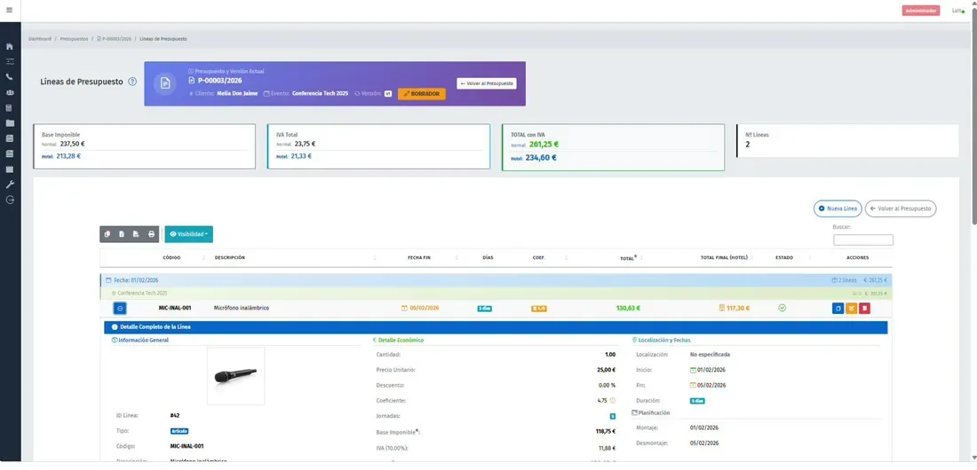 Líneas de material del presupuesto de un evento en AssetTrack