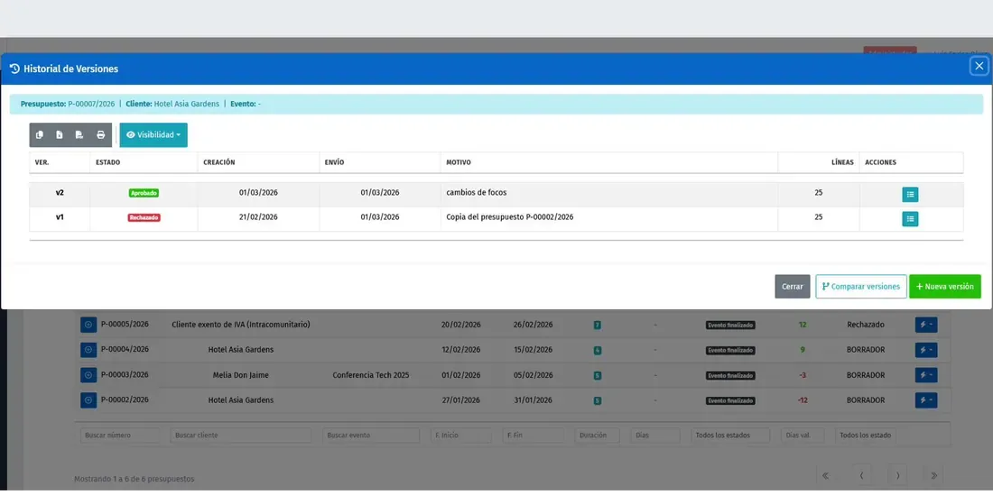 Historial de versiones de un presupuesto en AssetTrack