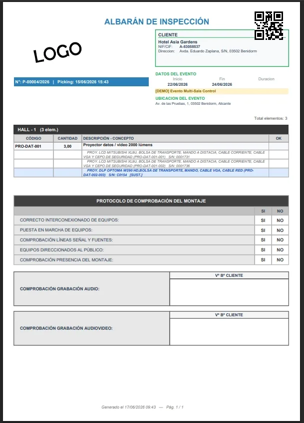 Albarán por sala con firma del cliente en AssetTrack